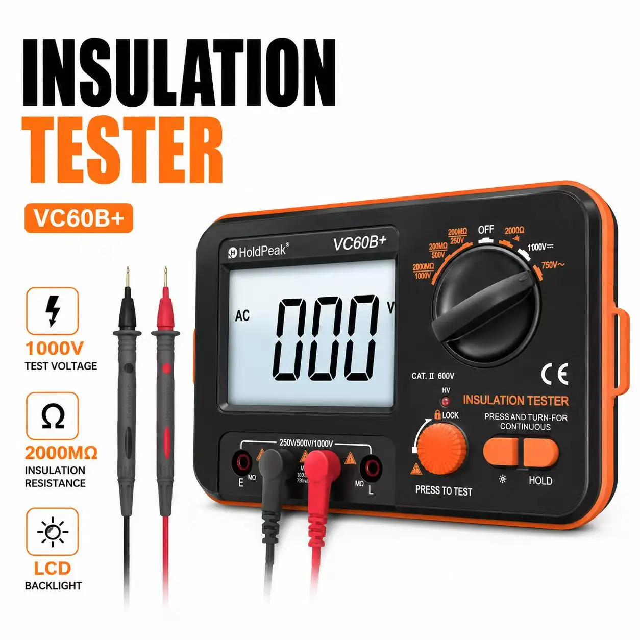 Insulation Tester VC60B+, Digital Megohmmeter 250/500/1000V, Insulation Resistance & AC/DC Voltage Tester, for Electric Motor,
Insulation Tester VC60B+, Digital Megohmmeter 250/500/1000V, Insulation Resistance & AC/DC Voltage Tester, for Electric Motor,