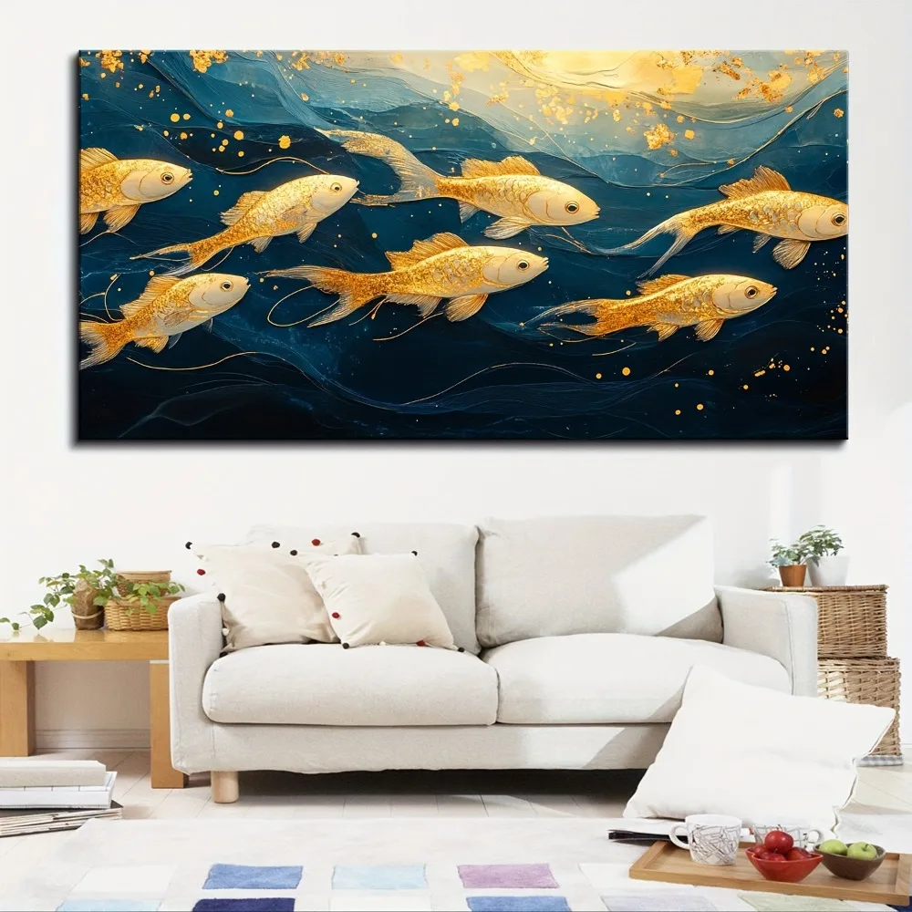 1.5 inch thick pine solid wood frame, painting goldfish dancing in the blue ocean, living room, bedroom modern art decoration
1.5 inch thick pine solid wood frame, painting goldfish dancing in the blue ocean, living room, bedroom modern art decoration