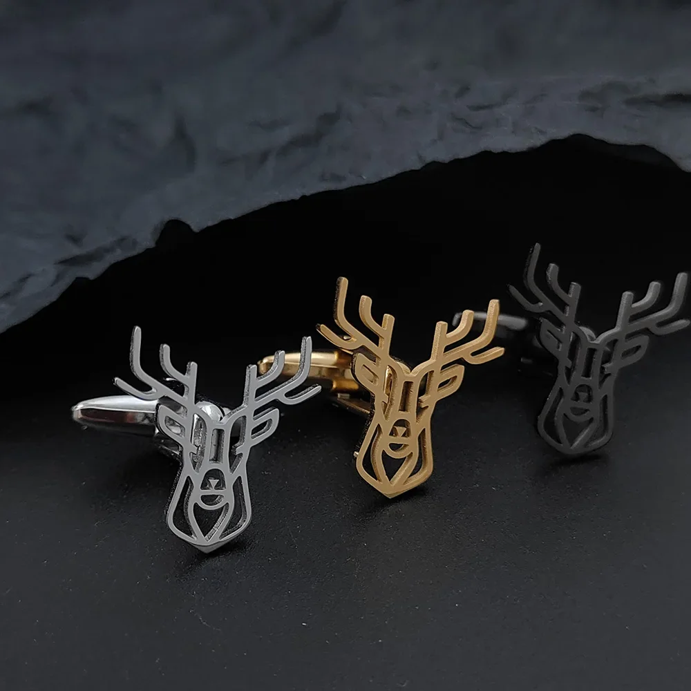 Golden deer head design cufflinks, elegant stainless steel animal cuffs for men and women, jacket back packaging accessories.
Golden deer head design cufflinks, elegant stainless steel animal cuffs for men and women, jacket back packaging accessories.