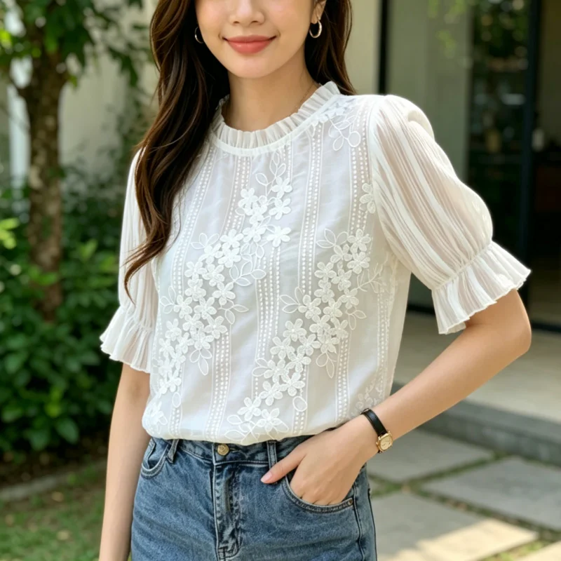 2026 Summer Women Blouse Short Sleeve Embroidery Lace Chiffon Shirt White Elegant Casual Tops Fashion New
2026 Summer Women Blouse Short Sleeve Embroidery Lace Chiffon Shirt White Elegant Casual Tops Fashion New