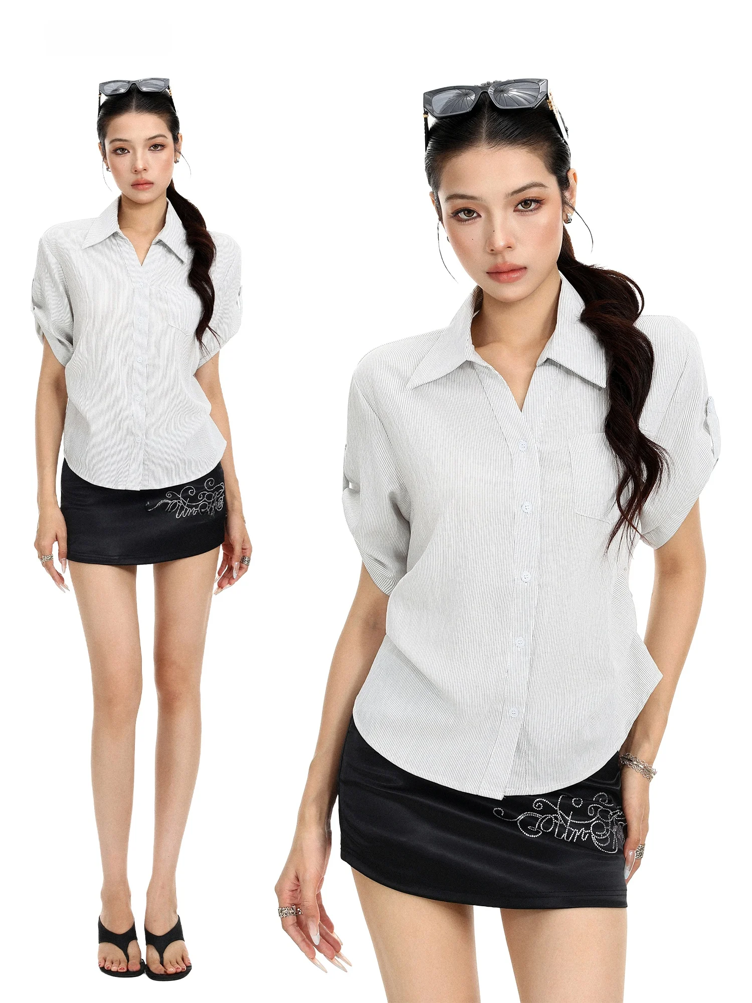 Slim Fit Short Sleeve Shirt Women's Summer Waist Cinched Pleated Slimming Commute Versatile Casual Style Striped Collar
Slim Fit Short Sleeve Shirt Women's Summer Waist Cinched Pleated Slimming Commute Versatile Casual Style Striped Collar