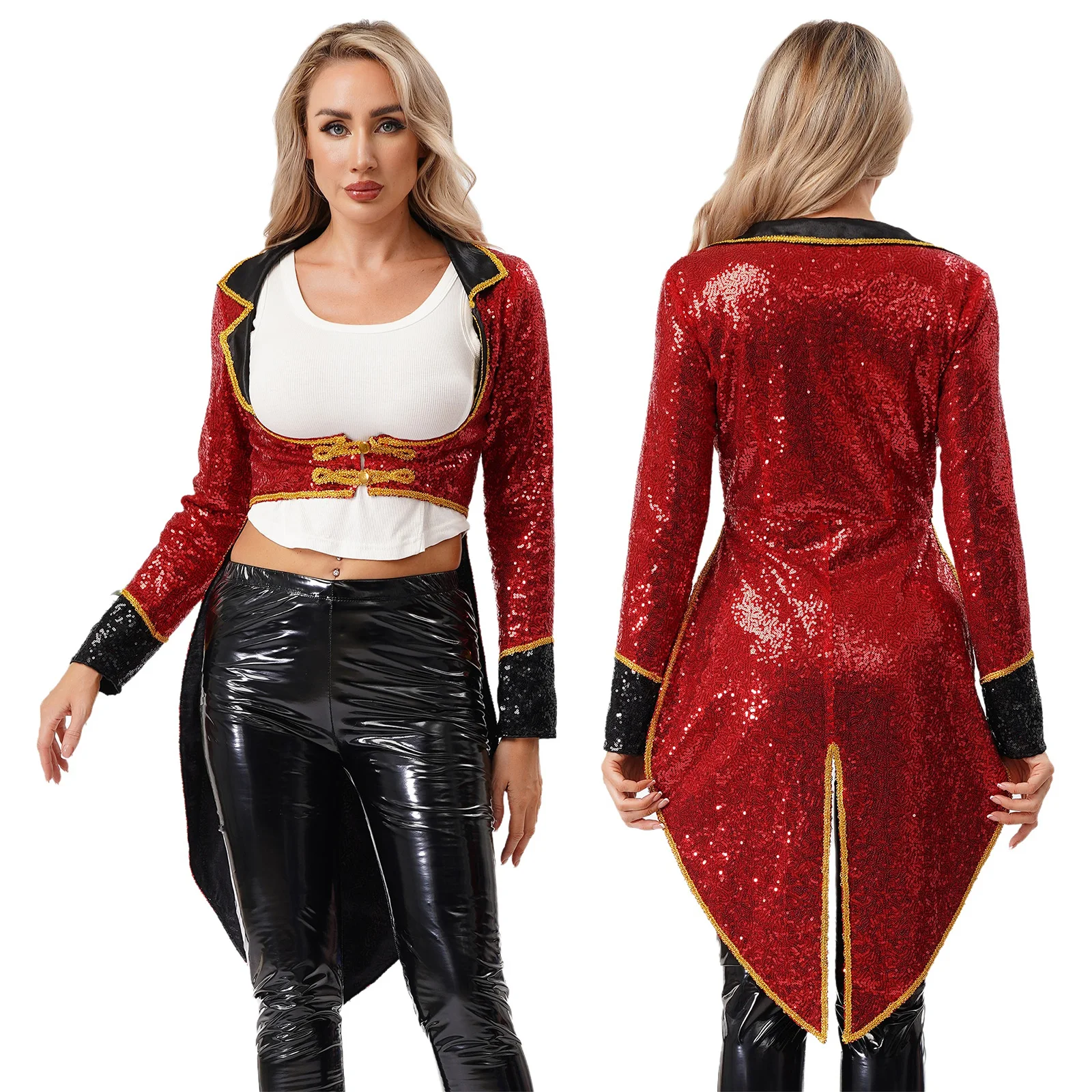 Halloween Women Ringmaster Circus Costume Shiny Sequins Long Sleeve Buttons Tuxedo Tailcoat Outwear for Magician Role Play Party
Halloween Women Ringmaster Circus Costume Shiny Sequins Long Sleeve Buttons Tuxedo Tailcoat Outwear for Magician Role Play Party