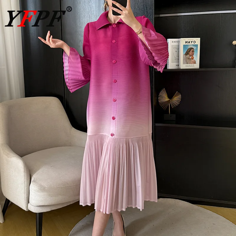 YFPF Fashion Gathered Loose Pleated Long Dress For Women Lapel Flare Sleeve Button Spliced Elegant Dresses 2025 New 3A333 
YFPF Fashion Gathered Loose Pleated Long Dress For Women Lapel Flare Sleeve Button Spliced Elegant Dresses 2025 New 3A333