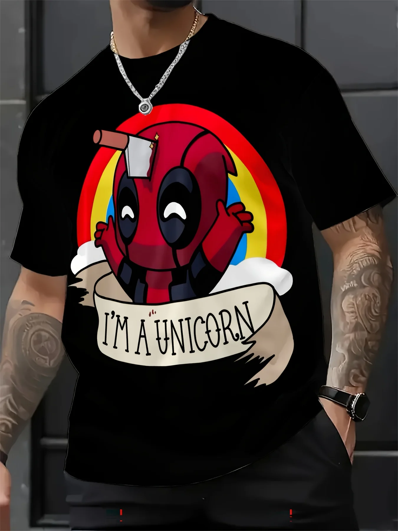 Футболка с рисунком Marvel Deadpool, летняя футболка с дизайном супергероя, круглым вырезом и короткими рукавами, полиэстер, стрейч, подходит для повседневной футболки
Футболка с рисунком Marvel Deadpool, летняя футболка с дизайном супергероя, круглым вырезом и короткими рукавами, полиэстер, стрейч, подходит для повседневной футболки