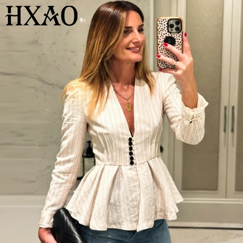 HXAO Women's Striped Ruffled Blazer Summer 2026 Female Casual Thin Button V-Neck Long Sleeve Blazers Fashion Streetwear Blazers
HXAO Women's Striped Ruffled Blazer Summer 2026 Female Casual Thin Button V-Neck Long Sleeve Blazers Fashion Streetwear Blazers