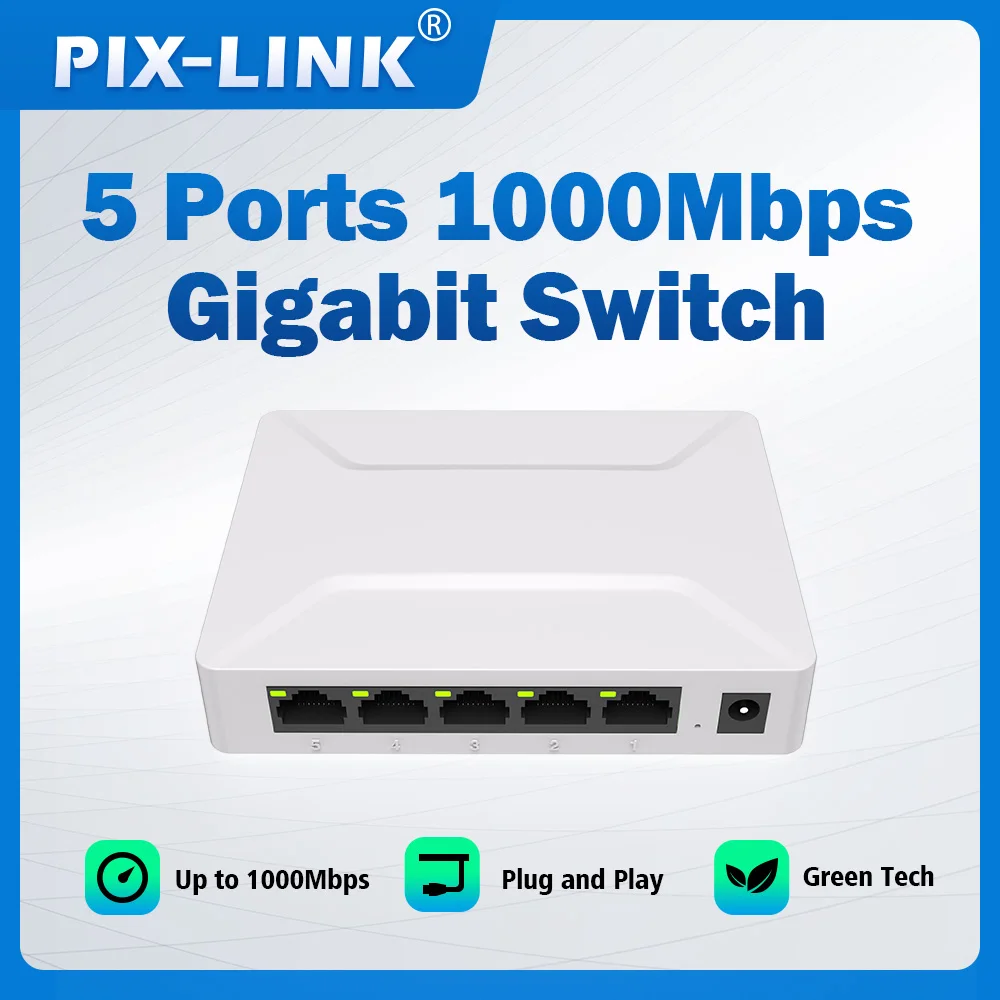 PIX-LINK GS05 Gigabit Switch 5 Ports 1000Mbps Ethernet Splitter Plug and Play Small Desktop for Home/Office Network
PIX-LINK GS05 Gigabit Switch 5 Ports 1000Mbps Ethernet Splitter Plug and Play Small Desktop for Home/Office Network