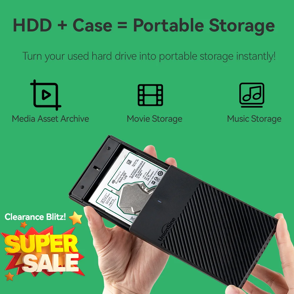 UnionSine 2.5" HDD Enclosure, Compatible with SATA III SSD/HDD, USB 3.0 Type-A Output, Convert Old Drives to Portable Storage
UnionSine 2.5" HDD Enclosure, Compatible with SATA III SSD/HDD, USB 3.0 Type-A Output, Convert Old Drives to Portable Storage