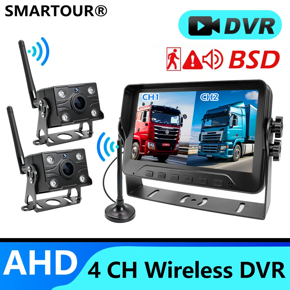 SMARTOUR 7" 4CH AHD 1080P Wireless BSD DVR Monitor, Truck Rear View Camera System with 100M WiFi, Blind Spot Detection
SMARTOUR 7" 4CH AHD 1080P Wireless BSD DVR Monitor, Truck Rear View Camera System with 100M WiFi, Blind Spot Detection