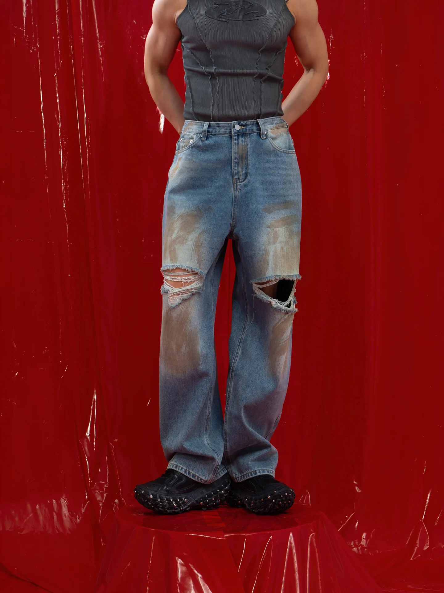 Washed Vintage Blue Painted Loose Straight Leg Men's Jeans Torn Hem Graduated Pattern Cotton Polyester Blend Summer Wear
Washed Vintage Blue Painted Loose Straight Leg Men's Jeans Torn Hem Graduated Pattern Cotton Polyester Blend Summer Wear