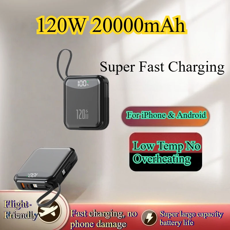 Mini Portable 120W Power Bank 20000mAh Built-in Cable Digital Display Super Fast Charging External Battery Powerbank
Mini Portable 120W Power Bank 20000mAh Built-in Cable Digital Display Super Fast Charging External Battery Powerbank