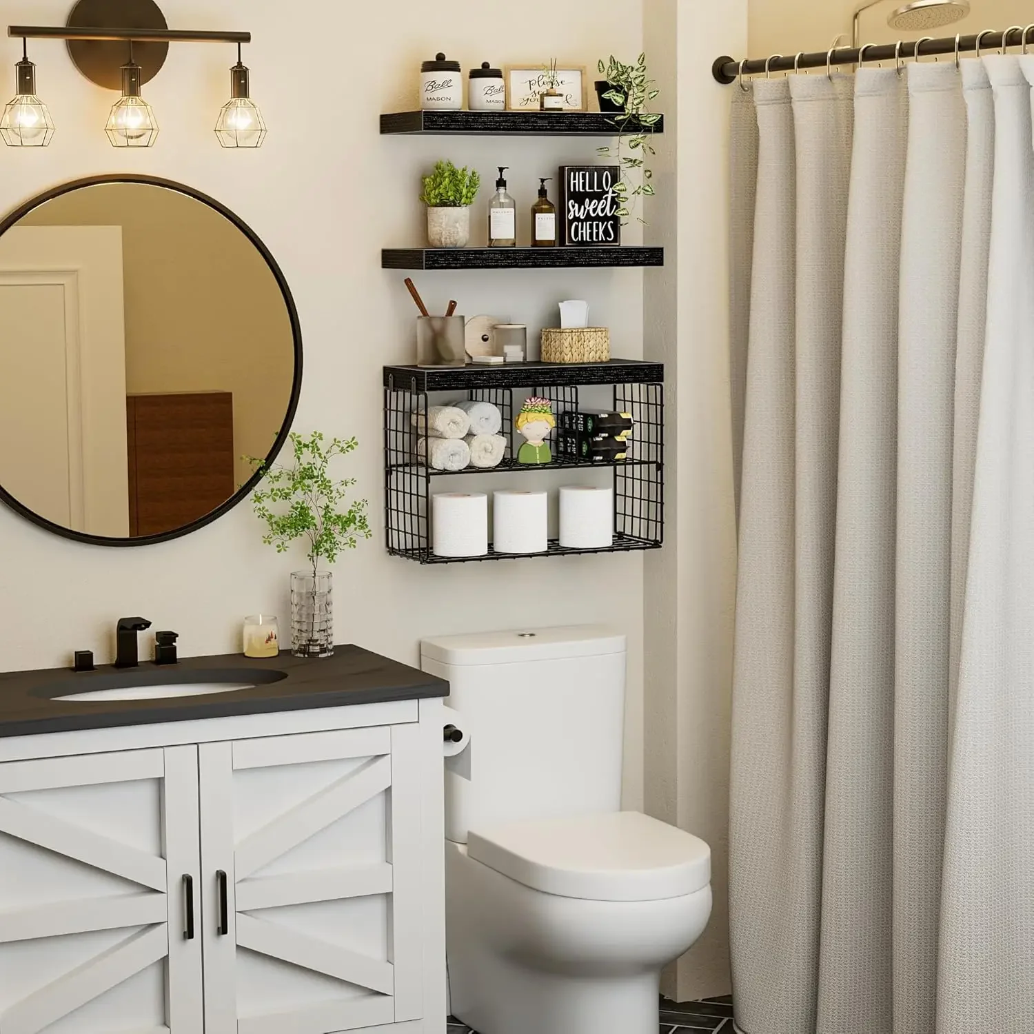 Набор небольших полков для ванной комнаты из 3-15,7-дюймовых черных плавающих полок для фермерского дома, настенное хранилище над унитазом для современной ванной комнаты
Набор небольших полков для ванной комнаты из 3-15,7-дюймовых черных плавающих полок для фермерского дома, настенное хранилище над унитазом для современной ванной комнаты