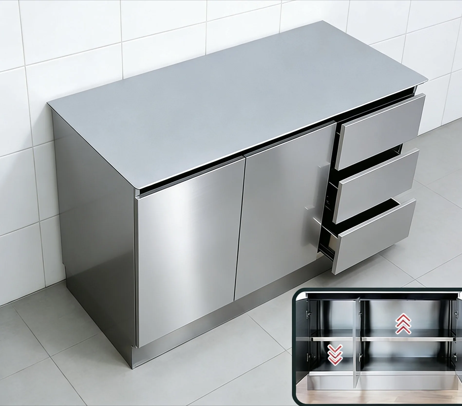A304 stainless steel kitchen cabinets, sideboards, kitchen island, storage cabinets, and stovetop cabinets.
A304 stainless steel kitchen cabinets, sideboards, kitchen island, storage cabinets, and stovetop cabinets.