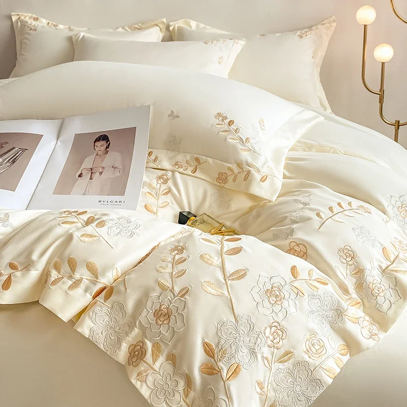 4pcs/set Light Luxury 120s Pure Cotton Floral Embroidered Quilt Cover Pillowcases Fitted Sheet Skin-friendly Naked Bedding Set
4pcs/set Light Luxury 120s Pure Cotton Floral Embroidered Quilt Cover Pillowcases Fitted Sheet Skin-friendly Naked Bedding Set