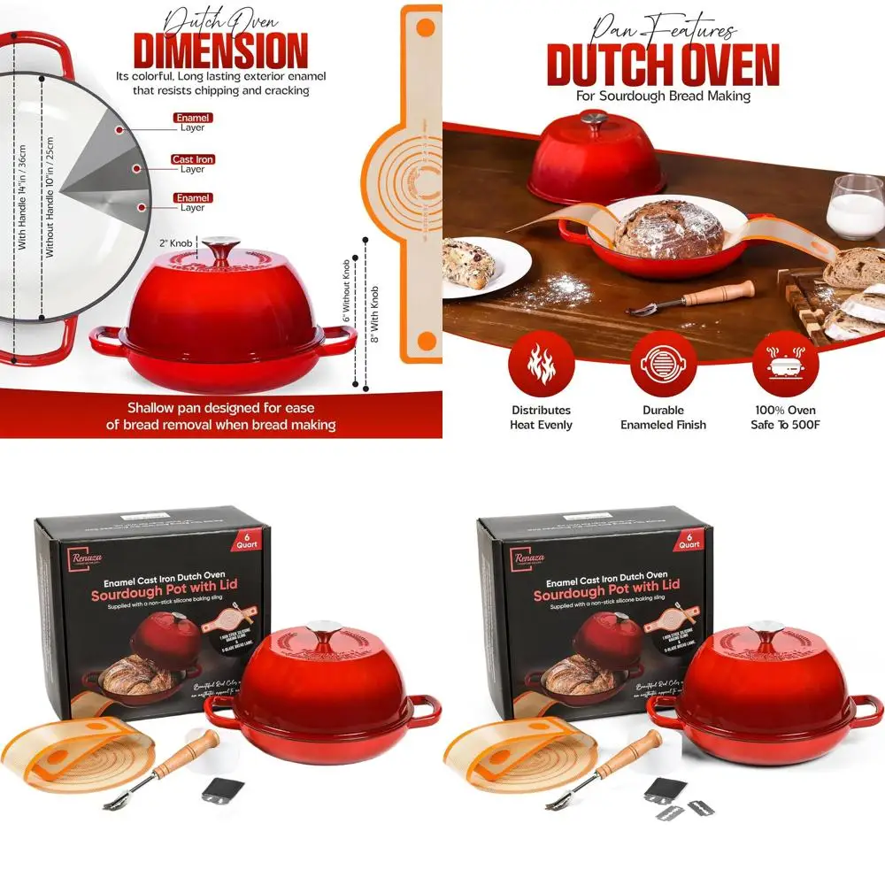 10 Enamel Cast Iron Dutch Oven for Sourdough Baking, Casseroles - Includes Bread Lame & Silicone Sling, Oven Safe to 500°F
10 Enamel Cast Iron Dutch Oven for Sourdough Baking, Casseroles - Includes Bread Lame & Silicone Sling, Oven Safe to 500°F