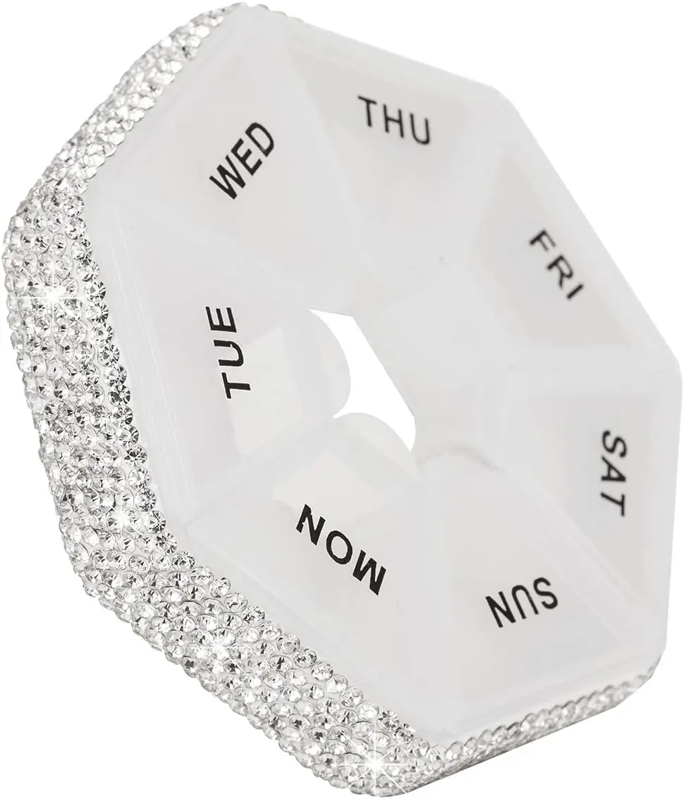 White Round Weekly Pill Organizer for Purse, Compact 7-Day Medicine Case with Bling Design
White Round Weekly Pill Organizer for Purse, Compact 7-Day Medicine Case with Bling Design