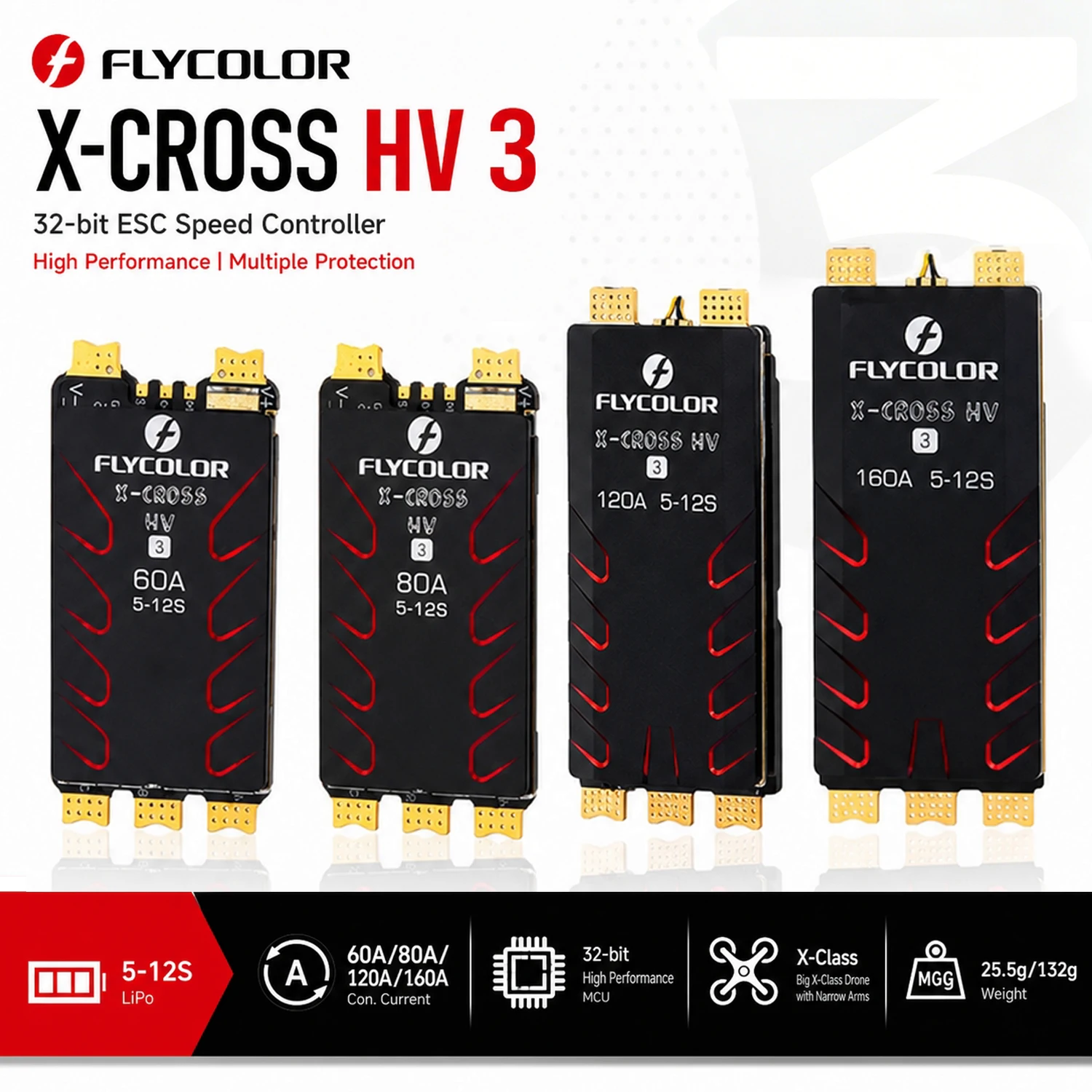 FLYCOLOR X-cross HV3 ESC 60A 80A 120A 160A BL-32 bit 5-12S Speed Controller for RC FPV Racing Drone Model Upgrade Accessories
FLYCOLOR X-cross HV3 ESC 60A 80A 120A 160A BL-32 bit 5-12S Speed Controller for RC FPV Racing Drone Model Upgrade Accessories