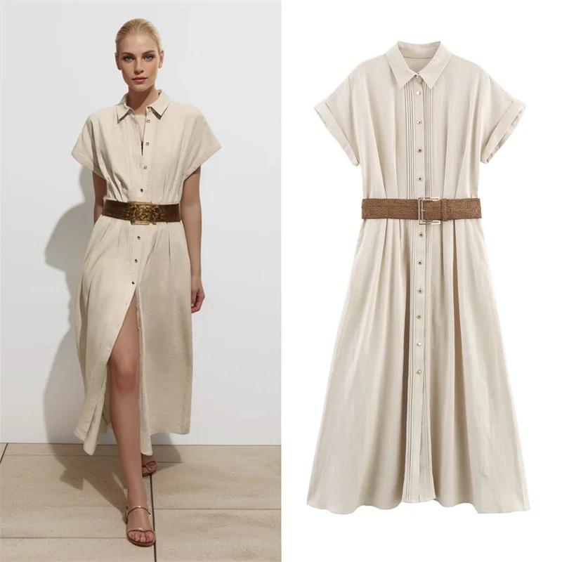 2025 Women's Summer Dress New Beige Short Sleeve Midi Dress with Decorative Waist Belt A-Line Flowing Stylish Personality
2025 Women's Summer Dress New Beige Short Sleeve Midi Dress with Decorative Waist Belt A-Line Flowing Stylish Personality