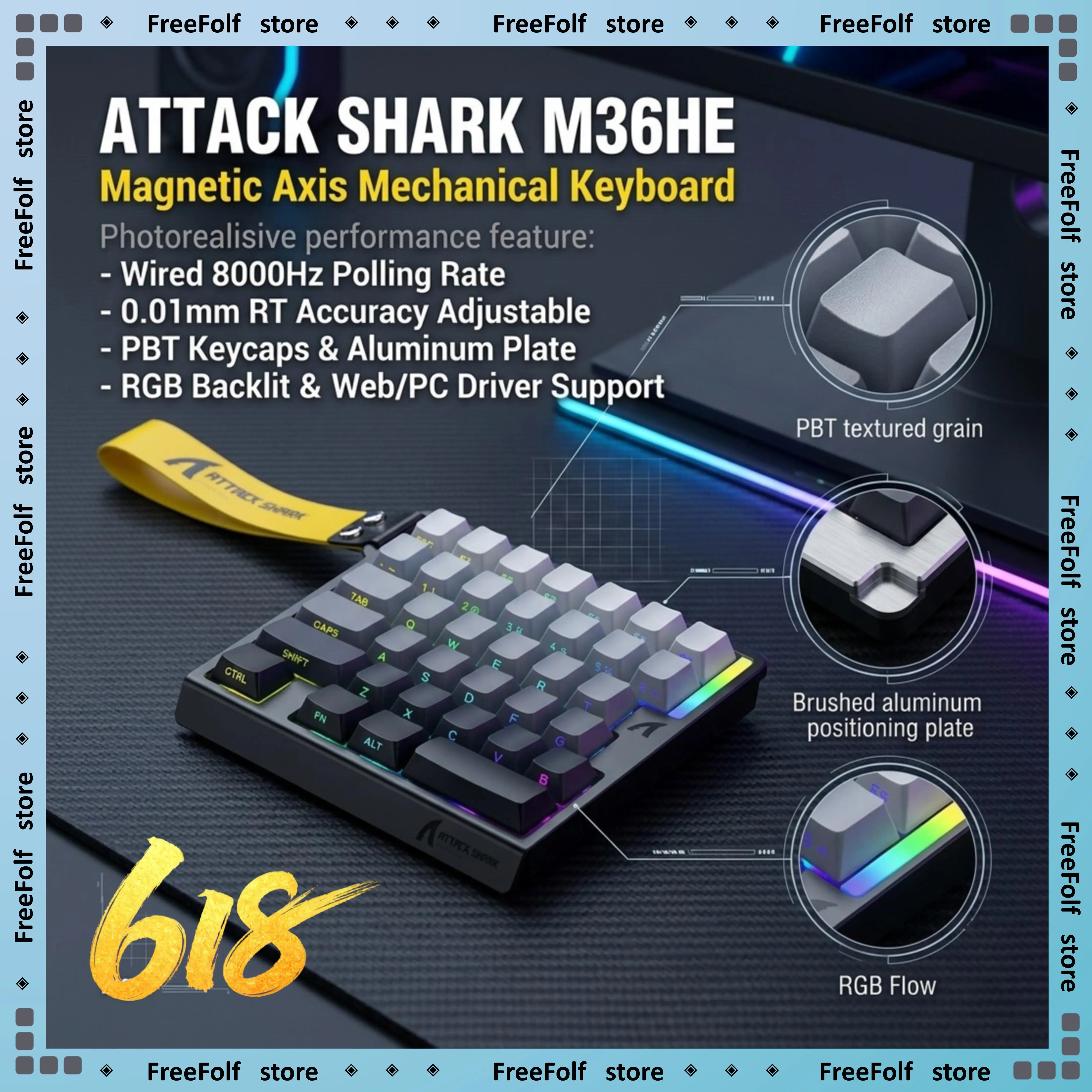 ATTACK SHARK M36HE Wired Magnetic Switch Keyboard 0.01mm Adjustable RT 8000Hz Polling Rate PBT OEM Height Keycap RGB Backlit
ATTACK SHARK M36HE Wired Magnetic Switch Keyboard 0.01mm Adjustable RT 8000Hz Polling Rate PBT OEM Height Keycap RGB Backlit