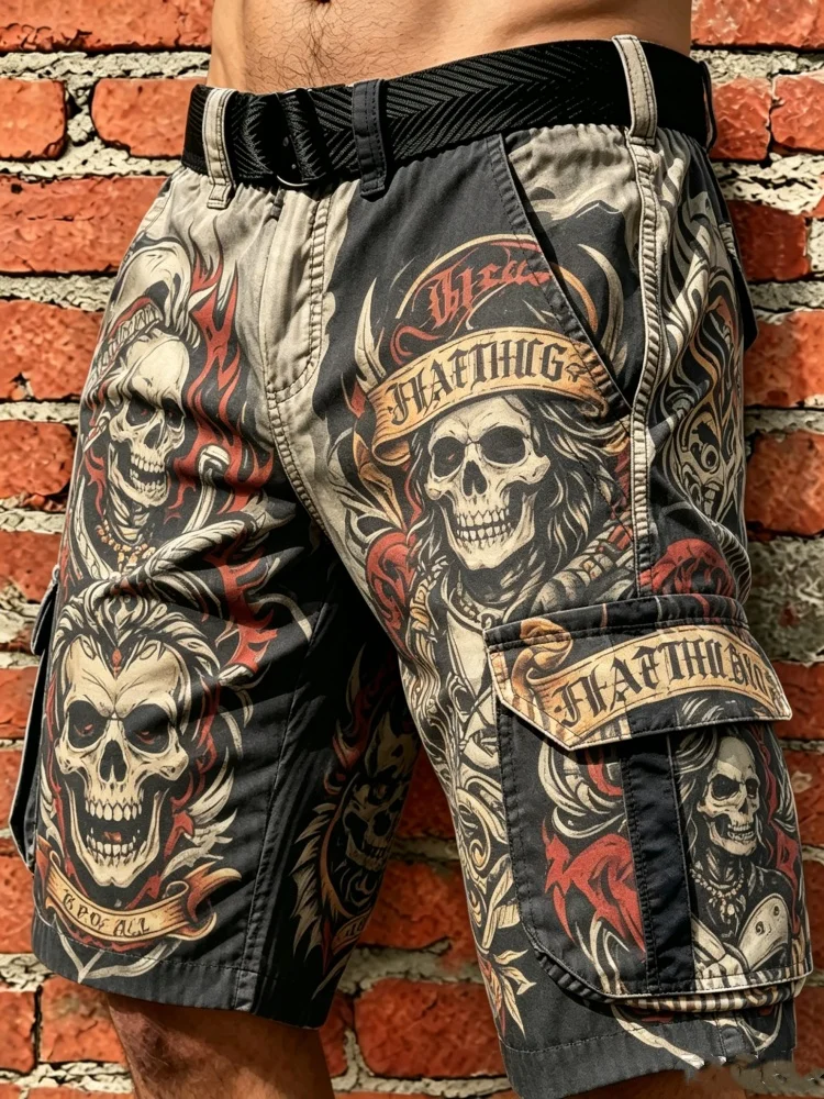 Mens Rock Punk Style Cargo Shorts Skull and Flame Graphic Print Loose Fit Baggy Pants with Belt Vintage Motorcycle Shorts
Mens Rock Punk Style Cargo Shorts Skull and Flame Graphic Print Loose Fit Baggy Pants with Belt Vintage Motorcycle Shorts