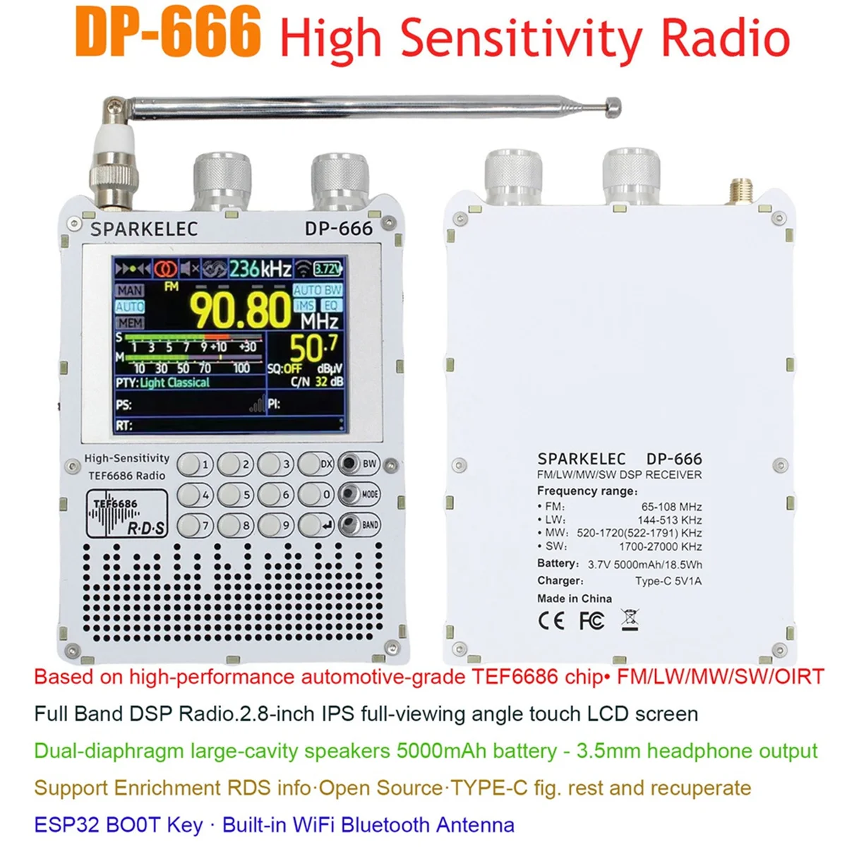 2025+DP-666 TEF6686 Radio 2.8-Inch IPS Touch Screen High Sensitivity Receiver Full Band FM LW MW SW Shortwave Radio
2025+DP-666 TEF6686 Radio 2.8-Inch IPS Touch Screen High Sensitivity Receiver Full Band FM LW MW SW Shortwave Radio