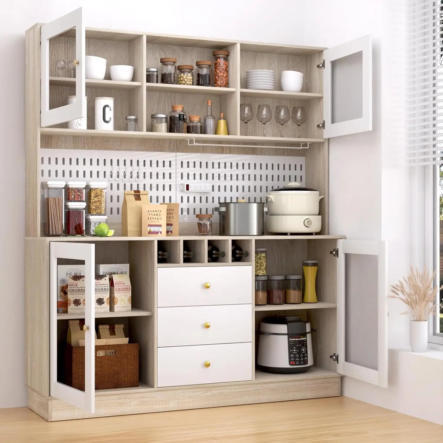 75'' Tall Kitchen Hutch Cabinet, 63“ Wide Pantry Cabinet, Buffet with Pegboard, Cup Holder, Power Outlet, 4 Doors &, Customized
75'' Tall Kitchen Hutch Cabinet, 63“ Wide Pantry Cabinet, Buffet with Pegboard, Cup Holder, Power Outlet, 4 Doors &, Customized