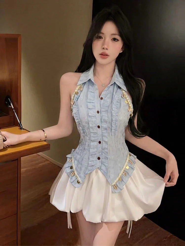 Sexy Shoulder Bared Slimming Trim Ruffle Design Vest High Waist Bloomer Halter Skirt Set Fashionable Casual Wear for Women
Sexy Shoulder Bared Slimming Trim Ruffle Design Vest High Waist Bloomer Halter Skirt Set Fashionable Casual Wear for Women