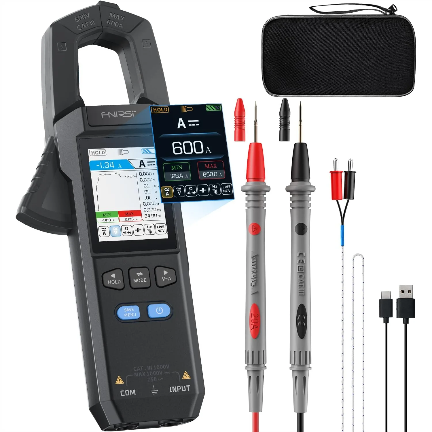 Digital Clamp Meter 9999 Counts TRMS 600A, Rechargeable Amp Meter with Curve Recording NCV AC/DC Voltage Current Continuity
Digital Clamp Meter 9999 Counts TRMS 600A, Rechargeable Amp Meter with Curve Recording NCV AC/DC Voltage Current Continuity