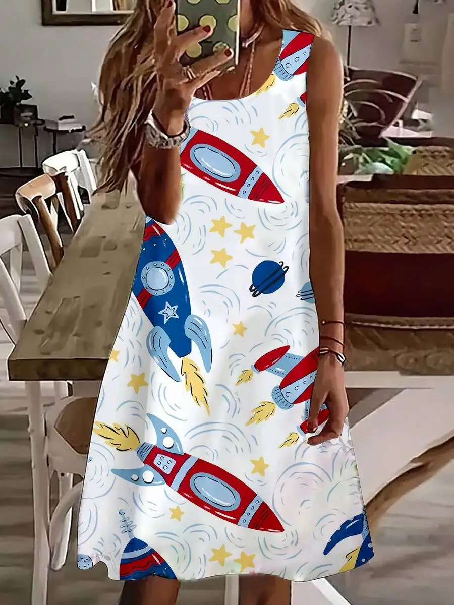 Women’s Sleeveless A-Line Dress Featuring Colorful Rockets And Planets Print, Lightweight Summer Casual Wear For Parties
Women’s Sleeveless A-Line Dress Featuring Colorful Rockets And Planets Print, Lightweight Summer Casual Wear For Parties