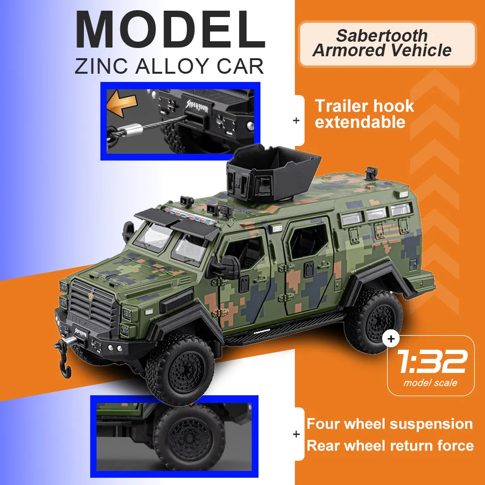 1:32 Sabertooth Armored Vehicle Toy Models Alloy Diecast Doors Opened Sound Light Pull Back Shock Absorption Birthday Car Gifts
1:32 Sabertooth Armored Vehicle Toy Models Alloy Diecast Doors Opened Sound Light Pull Back Shock Absorption Birthday Car Gifts