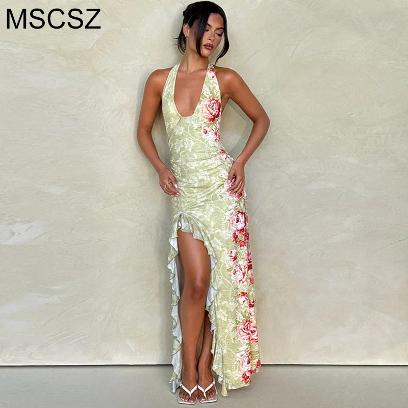 MSCSZ Halter Neck Floral Maxi Dress Women Asymmereical Ruffle Split Long Dress Summer Sexy Backless Beach Party Dress
MSCSZ Halter Neck Floral Maxi Dress Women Asymmereical Ruffle Split Long Dress Summer Sexy Backless Beach Party Dress