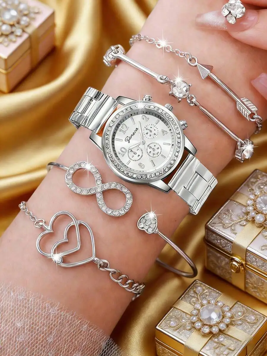 Женские кварцевые часы серебристого цвета с браслетами в виде стрелки, символа бесконечности и сердца с кристаллами
Женские кварцевые часы серебристого цвета с браслетами в виде стрелки, символа бесконечности и сердца с кристаллами