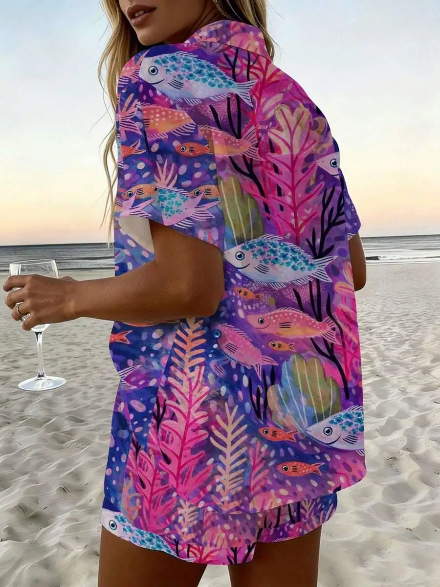 Womens Lapel Short Sleeve Shirt And Shorts Set Purple Pink Tropical Fish Coral Print Casual Vacation Beach Outfit
Womens Lapel Short Sleeve Shirt And Shorts Set Purple Pink Tropical Fish Coral Print Casual Vacation Beach Outfit