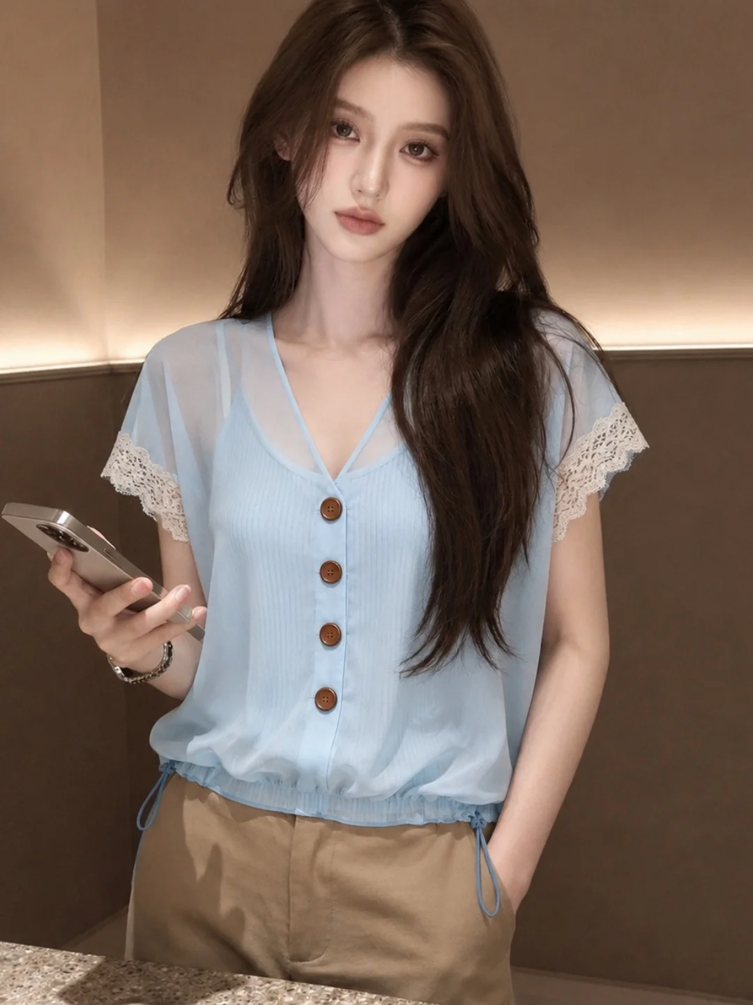 Slimming Effect V-Neck Lightweight Short Sleeve Lace Splice Single Button Elegant Style Women's Summer Fashion Sun Protection...
Slimming Effect V-Neck Lightweight Short Sleeve Lace Splice Single Button Elegant Style Women's Summer Fashion Sun Protection...