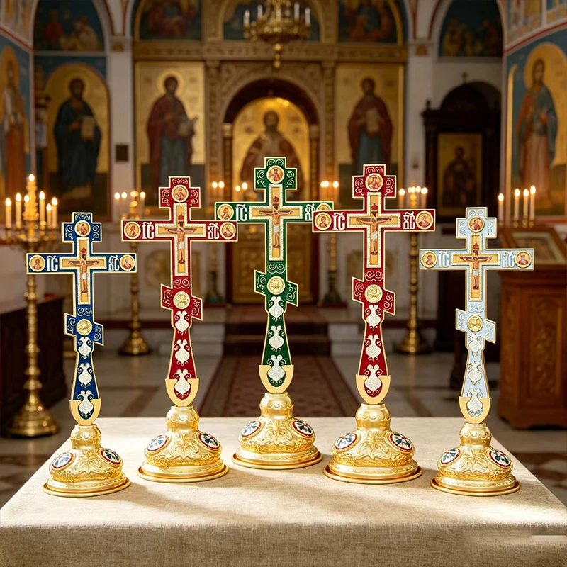 Gold Plated Orthodox Standing Cross with Multi-Color Enamel & Icon Panels for Priest Liturgy Church Altar Religious Service Deco
Gold Plated Orthodox Standing Cross with Multi-Color Enamel & Icon Panels for Priest Liturgy Church Altar Religious Service Deco