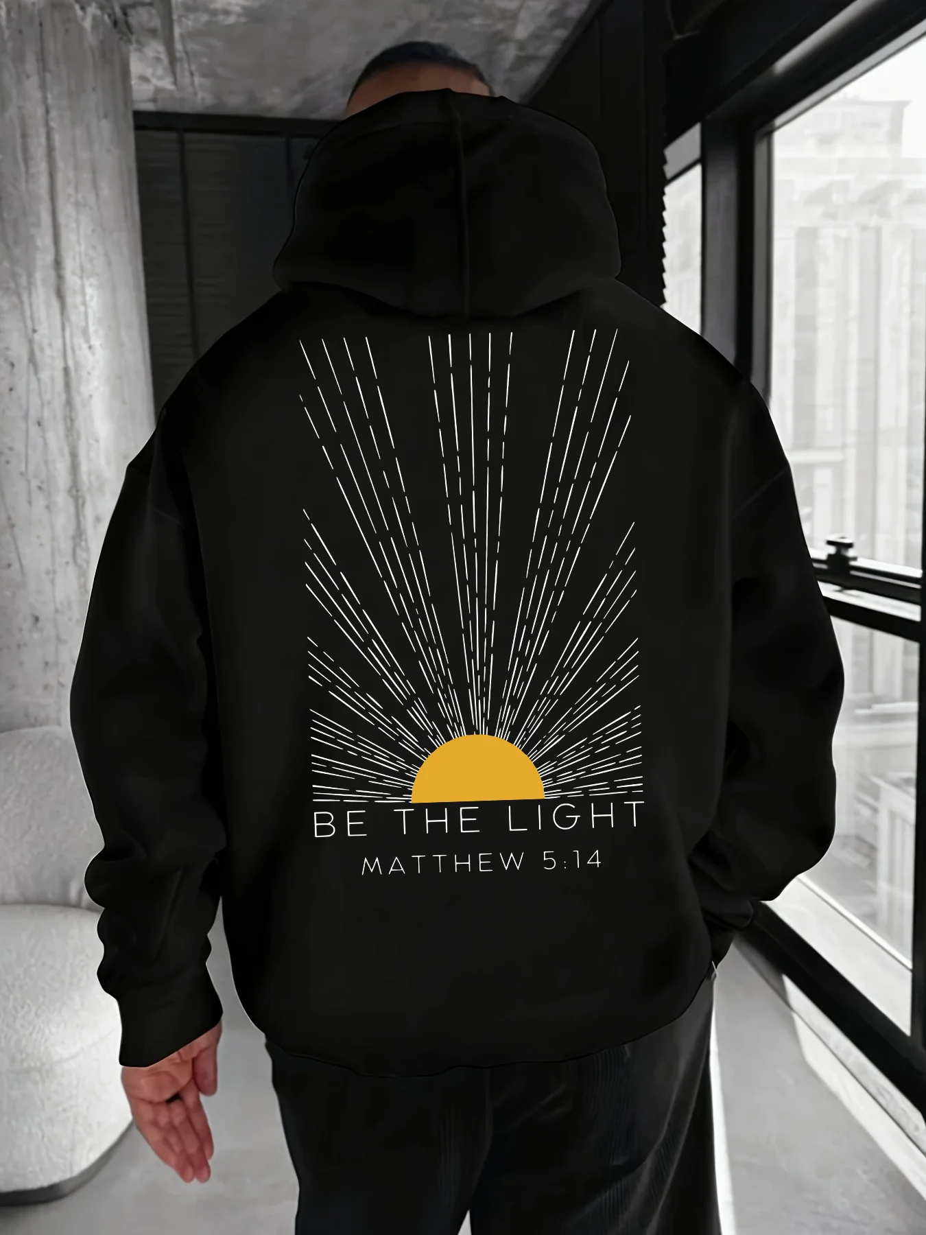 Men's Be The Light Graphic Hooded Sweatshirt - Geometric Sunburst Print, Kangaroo Pocket & Adjustable Drawstring
Men's Be The Light Graphic Hooded Sweatshirt - Geometric Sunburst Print, Kangaroo Pocket & Adjustable Drawstring