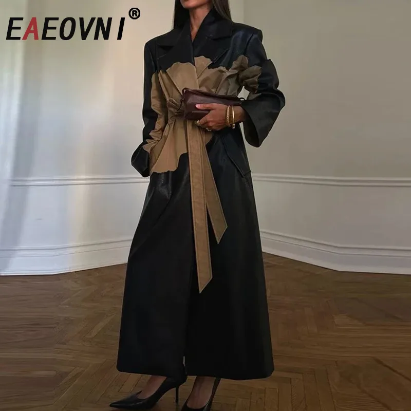 EAEOVNI 2025 New Fashion Leather Long Trench Coat Women's Contrast Color Design Belt Jacket Vintage Style Spring Clothing
EAEOVNI 2025 New Fashion Leather Long Trench Coat Women's Contrast Color Design Belt Jacket Vintage Style Spring Clothing