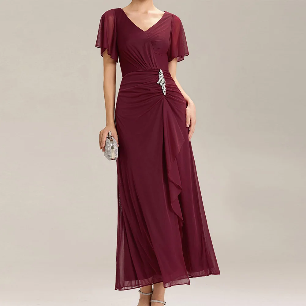 Customized Simple Women's V-Neck Pleated Short Sleeves Rhinestone Maxi Elegant Side Slit Mother of The Bride Dresses 2025 
Customized Simple Women's V-Neck Pleated Short Sleeves Rhinestone Maxi Elegant Side Slit Mother of The Bride Dresses 2025
