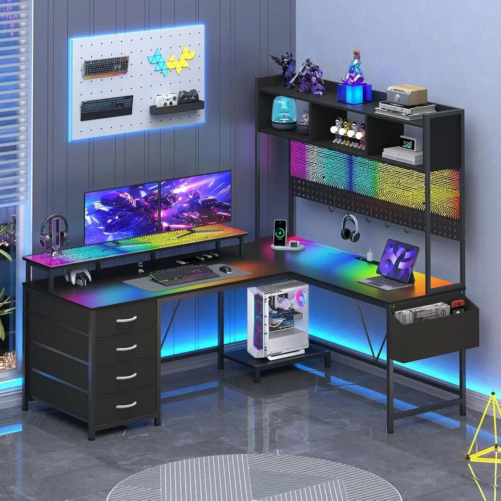 Black L-Shaped Gaming Desk with LED Light Panel, Reversible Desk, Monitor Stand, Power Outlets, and Pegboard
Black L-Shaped Gaming Desk with LED Light Panel, Reversible Desk, Monitor Stand, Power Outlets, and Pegboard