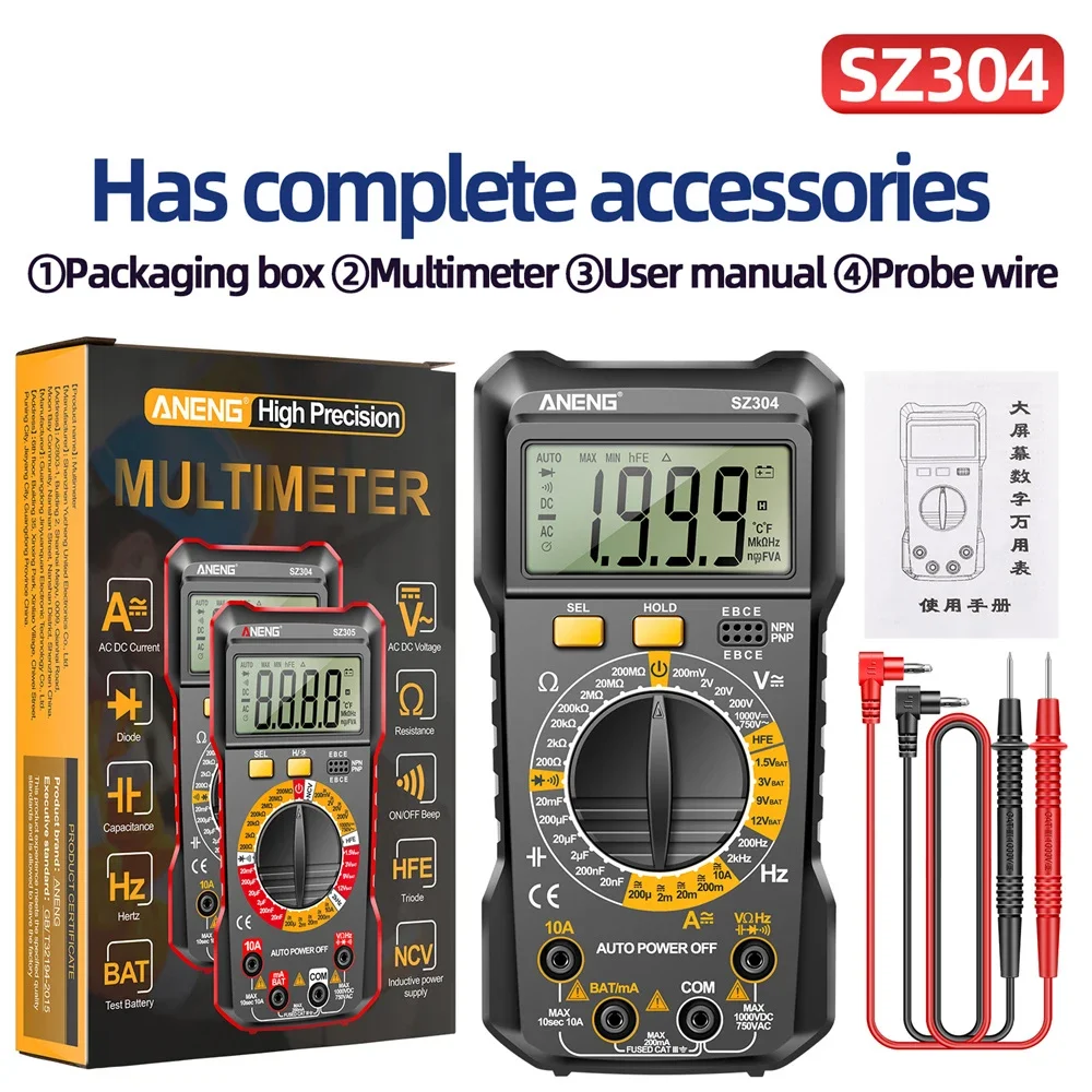 ANENG SZ304/SZ305 Digital Multimeter Auto-Ranging 6000 Counts Voltage Tester NCV Backlight Transistor Test Electrician Tool
ANENG SZ304/SZ305 Digital Multimeter Auto-Ranging 6000 Counts Voltage Tester NCV Backlight Transistor Test Electrician Tool