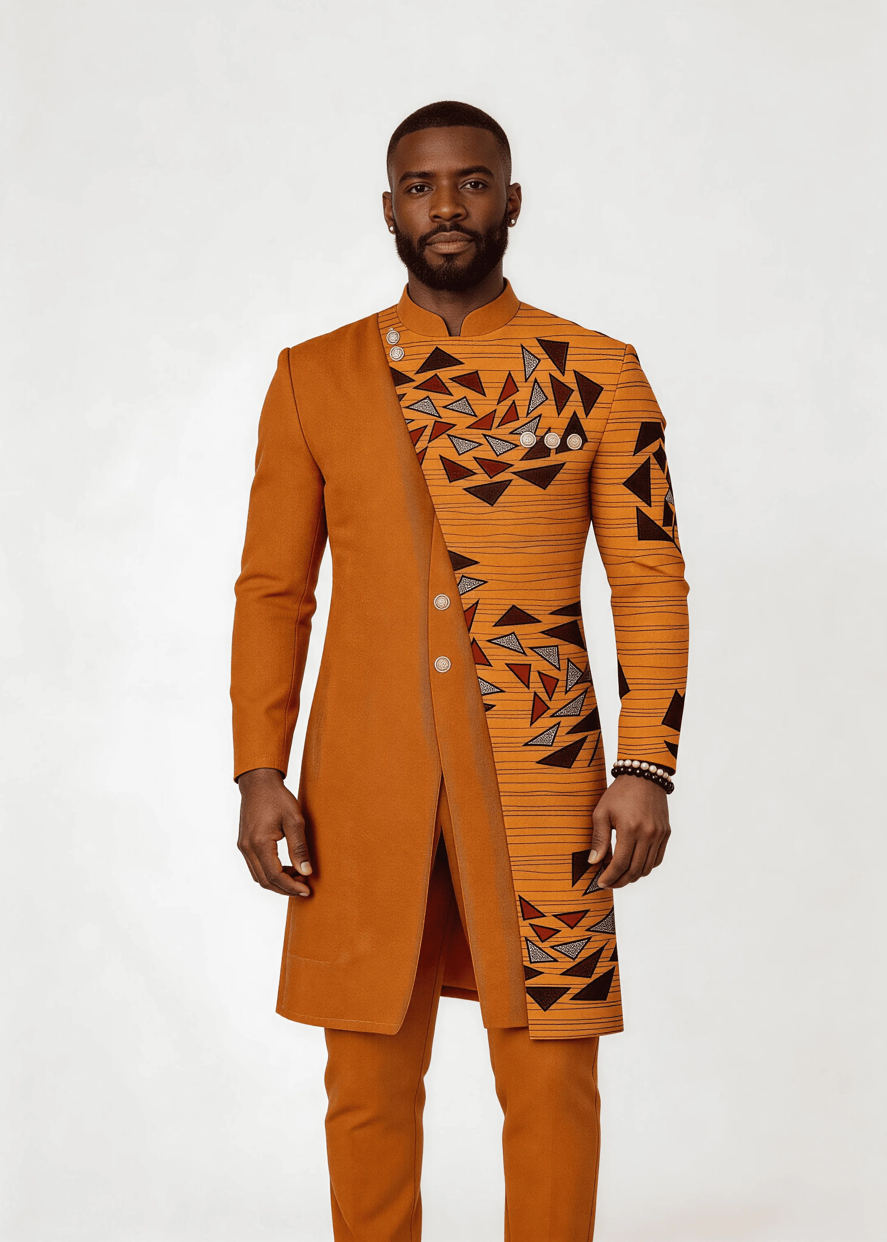 Men’s Solid Orange & Geometric Triangle Print Patchwork Formal Wear Set Stand Collar 2 Piece Wedding Groom Tunic Jacket & Pants
Men’s Solid Orange & Geometric Triangle Print Patchwork Formal Wear Set Stand Collar 2 Piece Wedding Groom Tunic Jacket & Pants