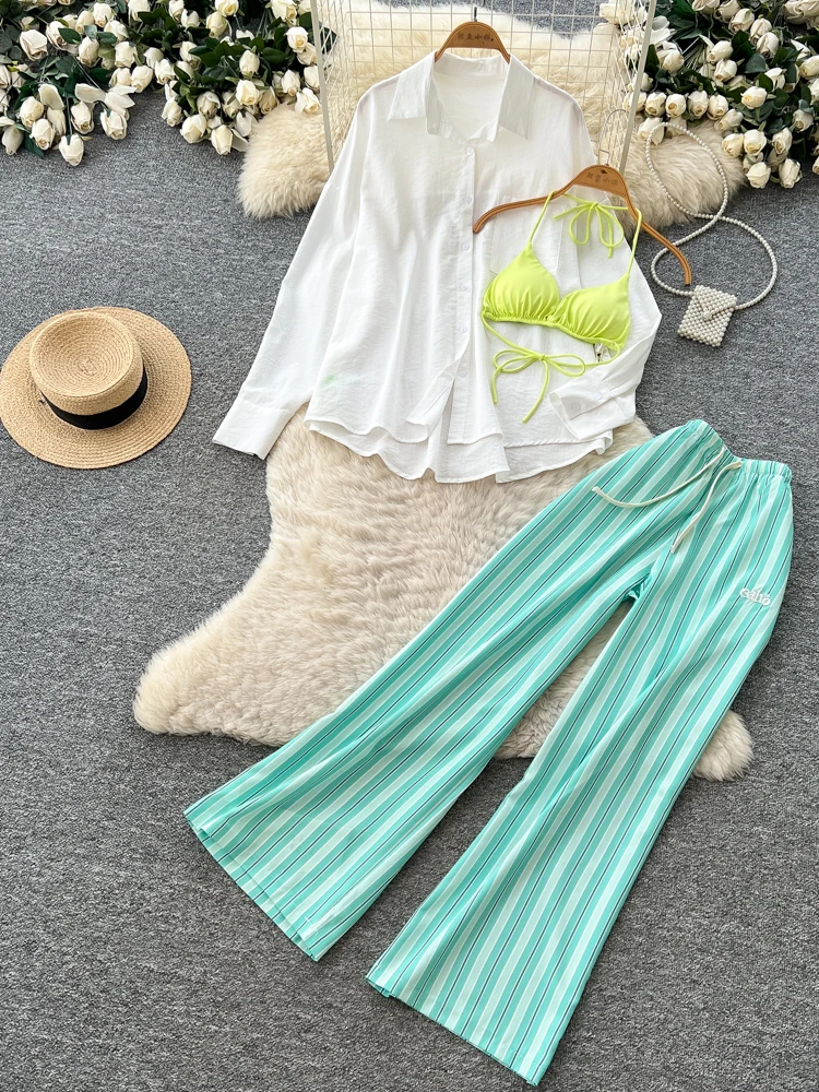Casual Stripe Shirt High Waist Wide Leg Pants Three Piece Set Women's Autumn Commute Style Slim Fit Fashion Ensemble
Casual Stripe Shirt High Waist Wide Leg Pants Three Piece Set Women's Autumn Commute Style Slim Fit Fashion Ensemble