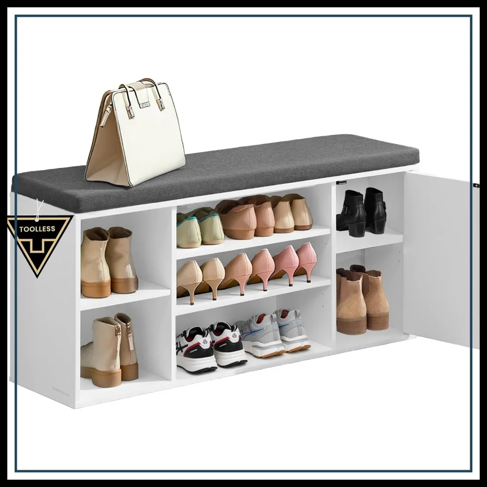 41" Storage Bench with Cushion, Shoe Cubby & Adjustable Shelves, No-Tool Assembly, Snow White & Slate Gray
41" Storage Bench with Cushion, Shoe Cubby & Adjustable Shelves, No-Tool Assembly, Snow White & Slate Gray