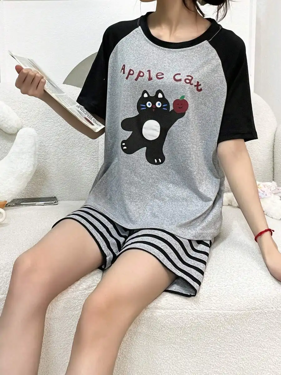 Womens Short Sleeve Pajama Set With Cat Print And Striped Shorts Loose Round Neck Comfortable Sleepwear For Spring Summer
Womens Short Sleeve Pajama Set With Cat Print And Striped Shorts Loose Round Neck Comfortable Sleepwear For Spring Summer