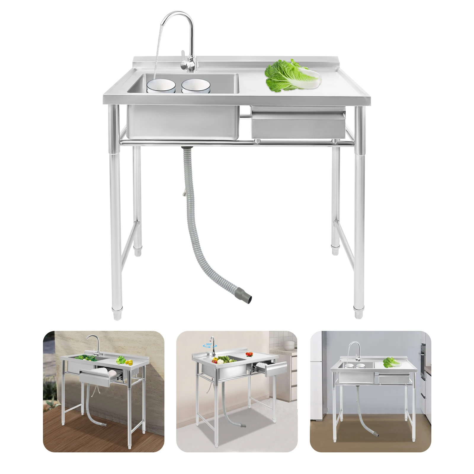 Кухонная мойка, отдельностоящая кухонная мойка, мойка из нержавеющей стали с выдвижным ящиком и смесителем
Кухонная мойка, отдельностоящая кухонная мойка, мойка из нержавеющей стали с выдвижным ящиком и смесителем