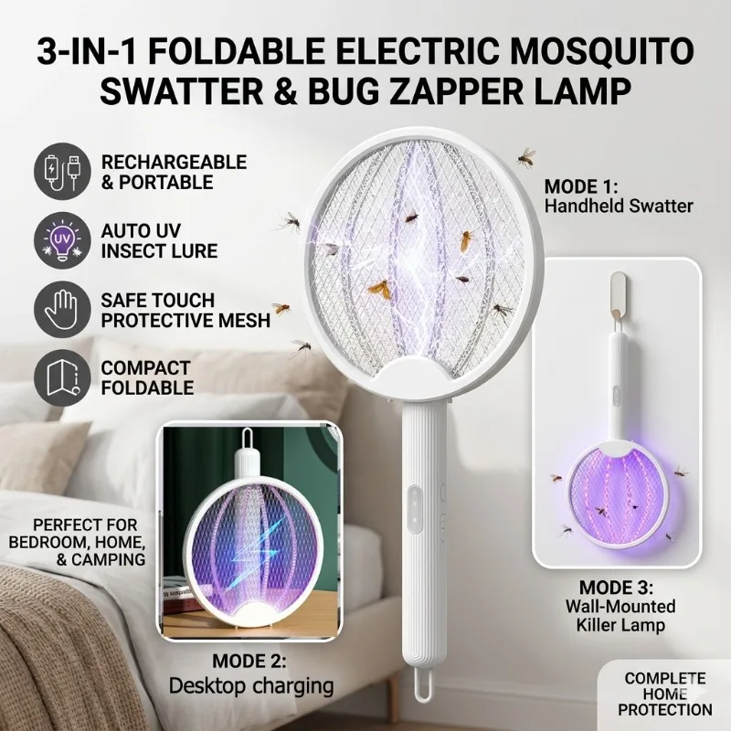 Electric Mosquito Swatter Foldable 3 In 1 Bug Zapper Rechargeable Wall Mounted Mosquito Killer Lamp For Bedroom Home 1Pc
Electric Mosquito Swatter Foldable 3 In 1 Bug Zapper Rechargeable Wall Mounted Mosquito Killer Lamp For Bedroom Home 1Pc