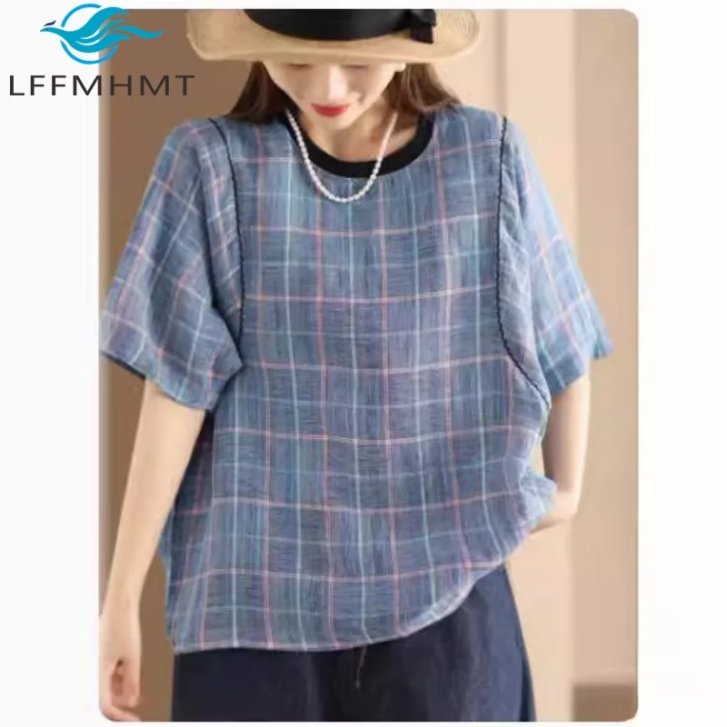 Women Summer Fashion Good Quality Linen T-shirt Color Yarm Classical Plaided Short Sleeve Patchwork O-neck Pullovers Female Tops
Women Summer Fashion Good Quality Linen T-shirt Color Yarm Classical Plaided Short Sleeve Patchwork O-neck Pullovers Female Tops