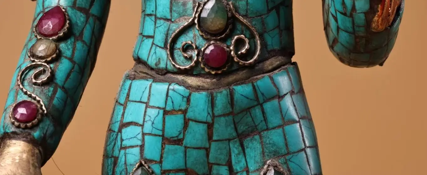 China Collections Old Painted Bronze Outline in gold Mosaic Gem Turquoise Shakyamuni lotus platform Worship Hall
China Collections Old Painted Bronze Outline in gold Mosaic Gem Turquoise Shakyamuni lotus platform Worship Hall