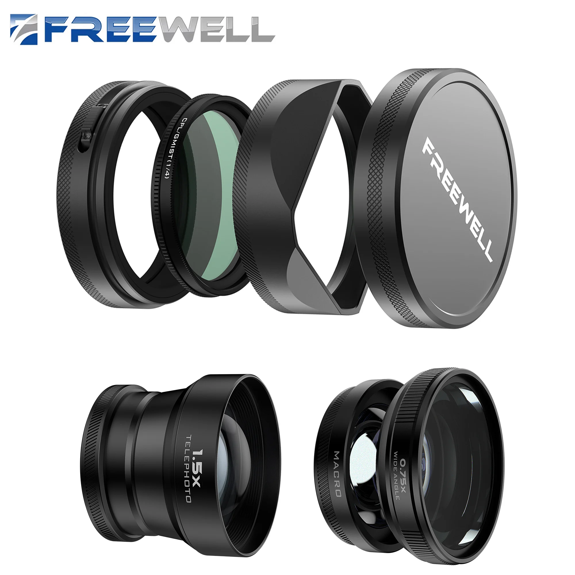 Freewell новый стиль Fujifilm 2-в-1 Макро широкоугольный объектив, 1.5x телеобъектив, CPL/GMIST фильтр для камер Fuji X100VI и X100V
Freewell новый стиль Fujifilm 2-в-1 Макро широкоугольный объектив, 1.5x телеобъектив, CPL/GMIST фильтр для камер Fuji X100VI и X100V