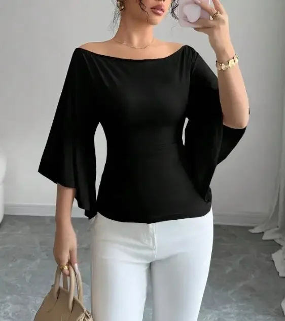 Women Elegant Black One Shoulder Flared Sleeve Slim Waist Cinched Top Temperament Commuting Spring New Female Fashion Blouses
Women Elegant Black One Shoulder Flared Sleeve Slim Waist Cinched Top Temperament Commuting Spring New Female Fashion Blouses