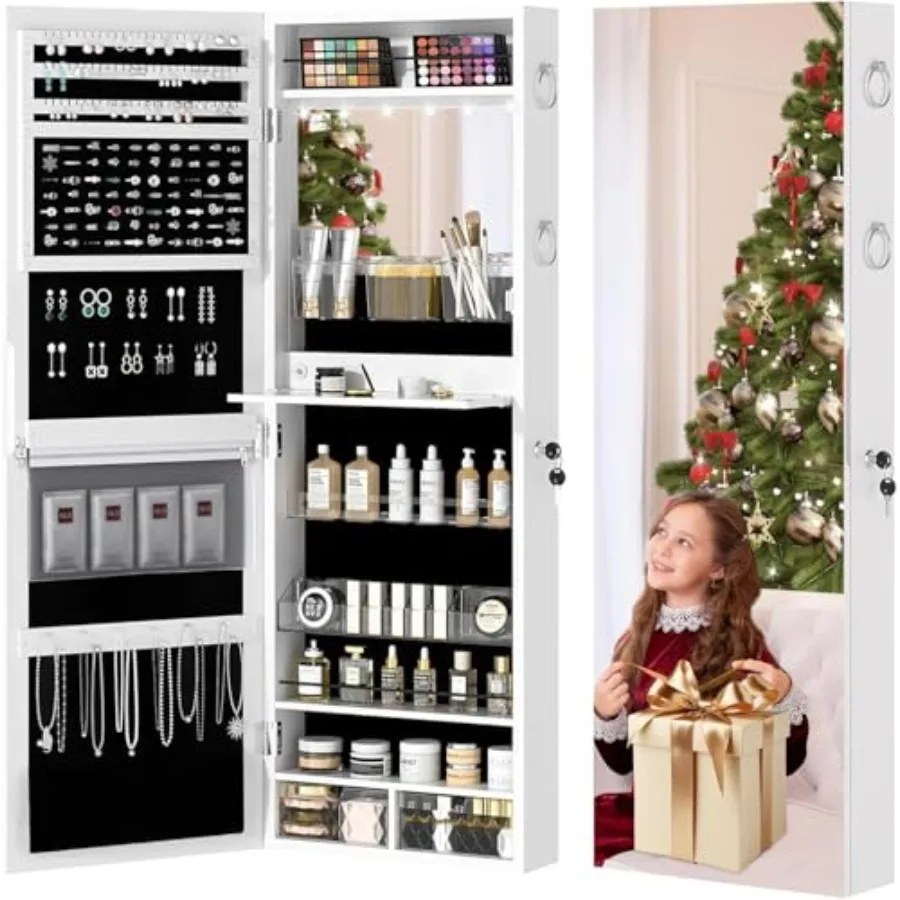 LED Jewelry Mirror Cabinet, Lockable Wall or Door Mounted Jewelry Armoire Organizer, Full Length with Storage, White
LED Jewelry Mirror Cabinet, Lockable Wall or Door Mounted Jewelry Armoire Organizer, Full Length with Storage, White